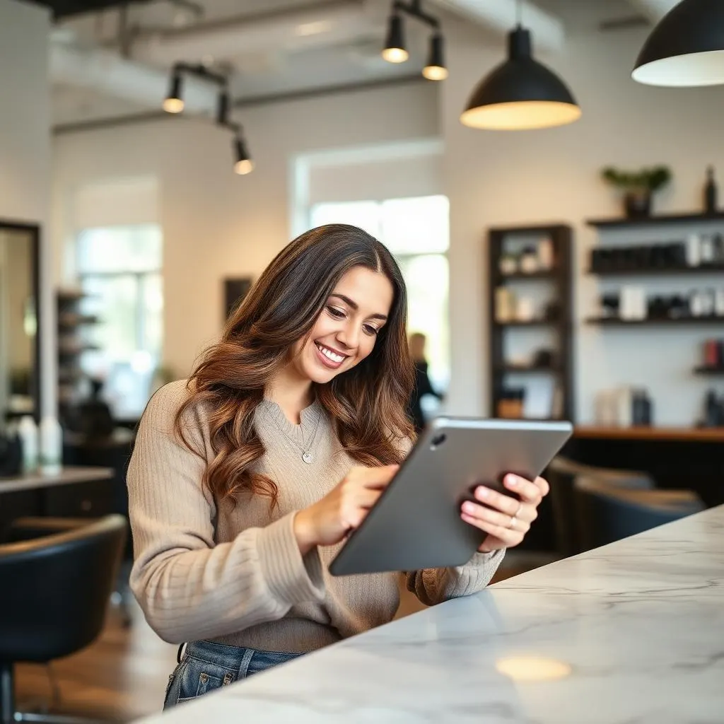 Salonejer der smiler til en tablet ved receptionen