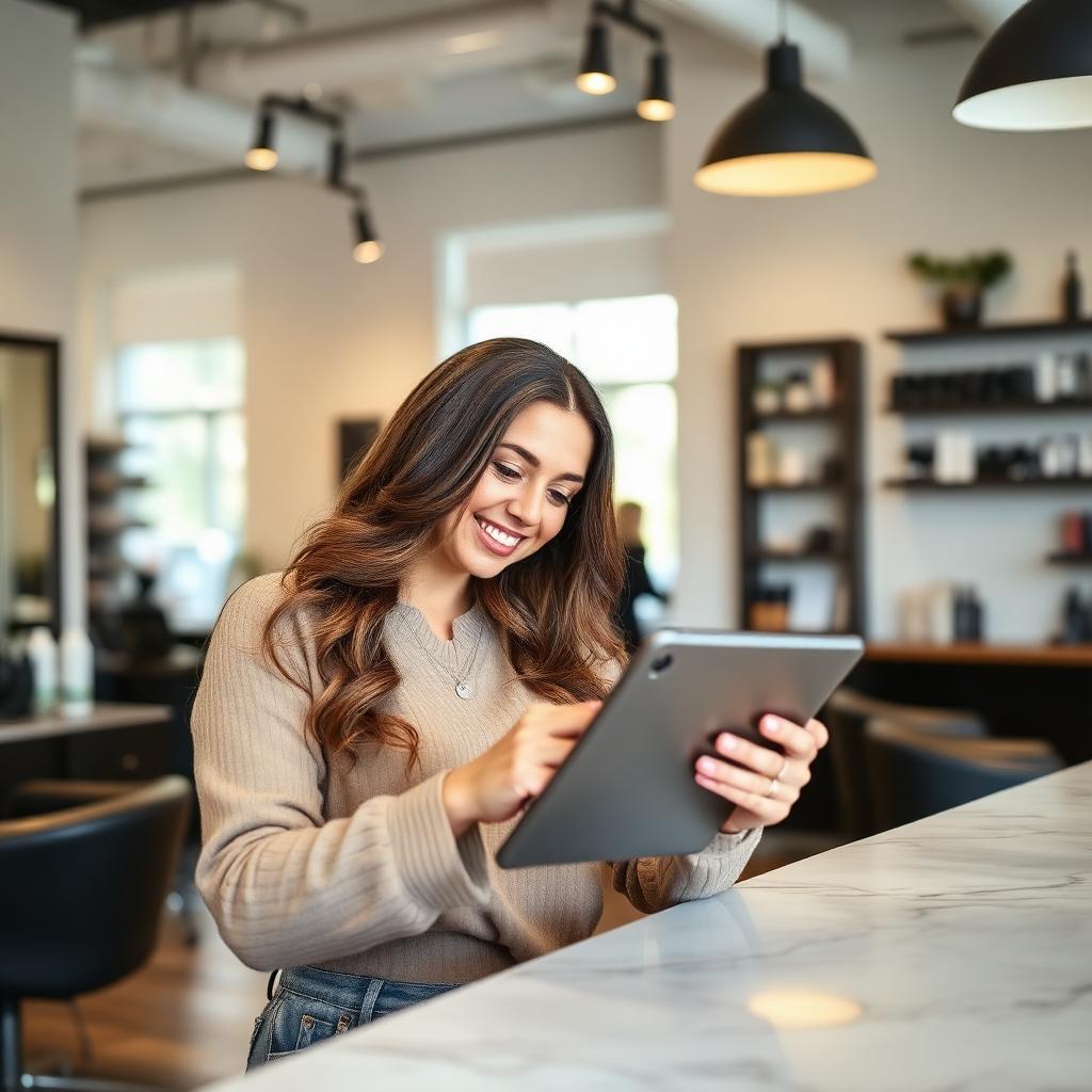 Salon owner smiling at a tablet at the front desk