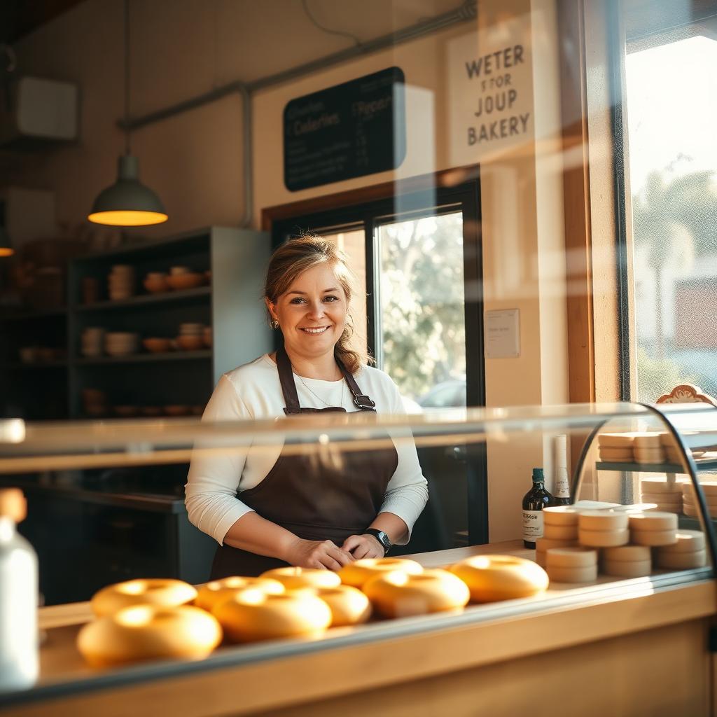 Small business owner smiling behind the counter of a neighborhood bakery